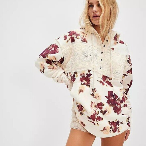 Free People Bali Bring Me Roses Sherpa Pullover Hoodie Top Sweatshirt S 277047